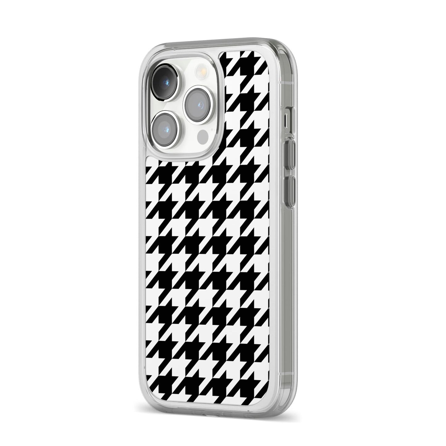 Custom Houndstooth iPhone 14 Pro Clear Tough Case Silver Angled Image