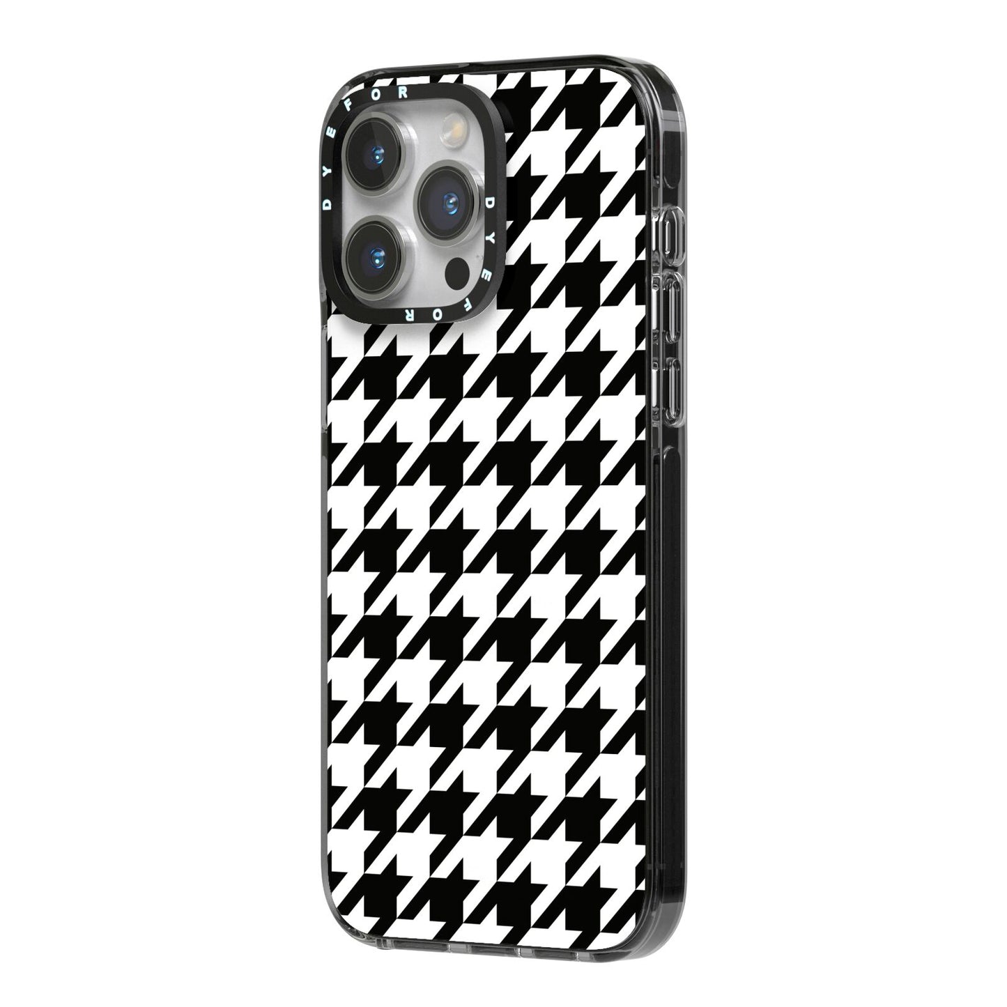 Custom Houndstooth iPhone 14 Pro Max Black Impact Case Side Angle on Silver phone