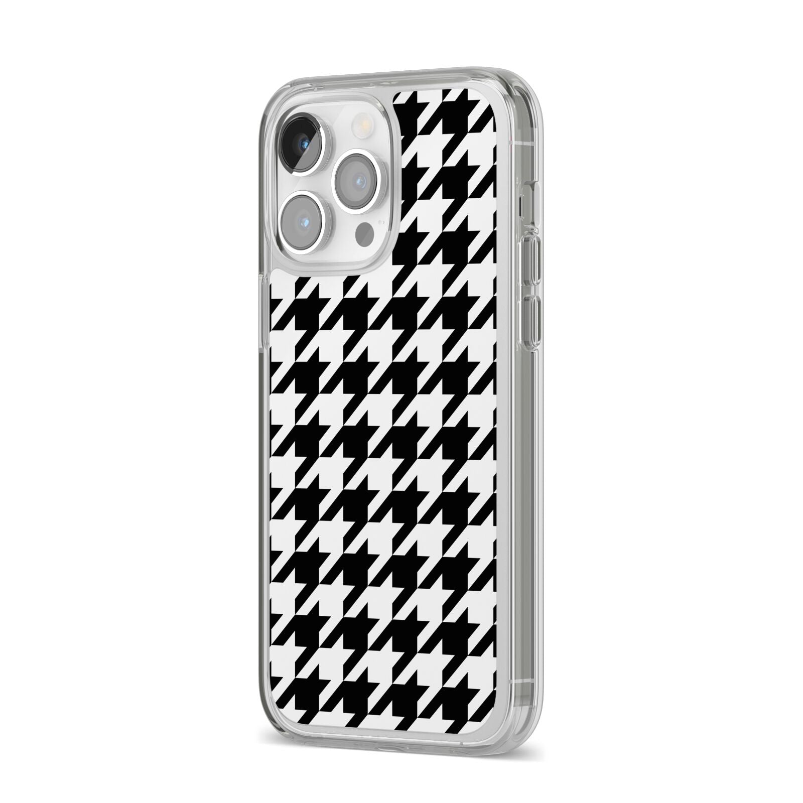 Custom Houndstooth iPhone 14 Pro Max Clear Tough Case Silver Angled Image