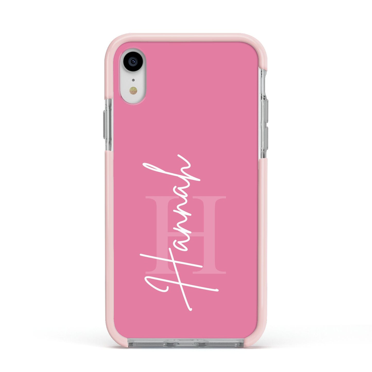 Custom Initial and Name Apple iPhone XR Impact Case Pink Edge on Silver Phone