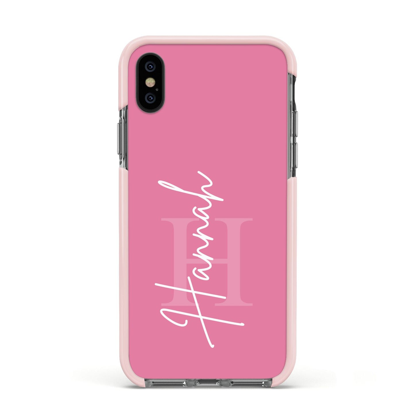 Custom Initial and Name Apple iPhone Xs Impact Case Pink Edge on Black Phone