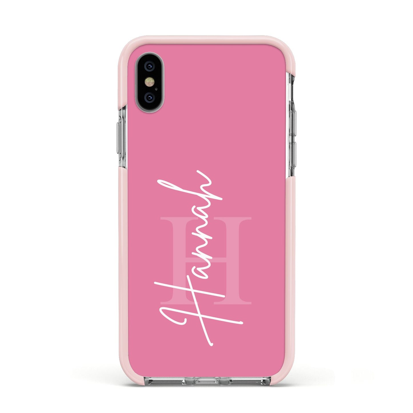 Custom Initial and Name Apple iPhone Xs Impact Case Pink Edge on Silver Phone