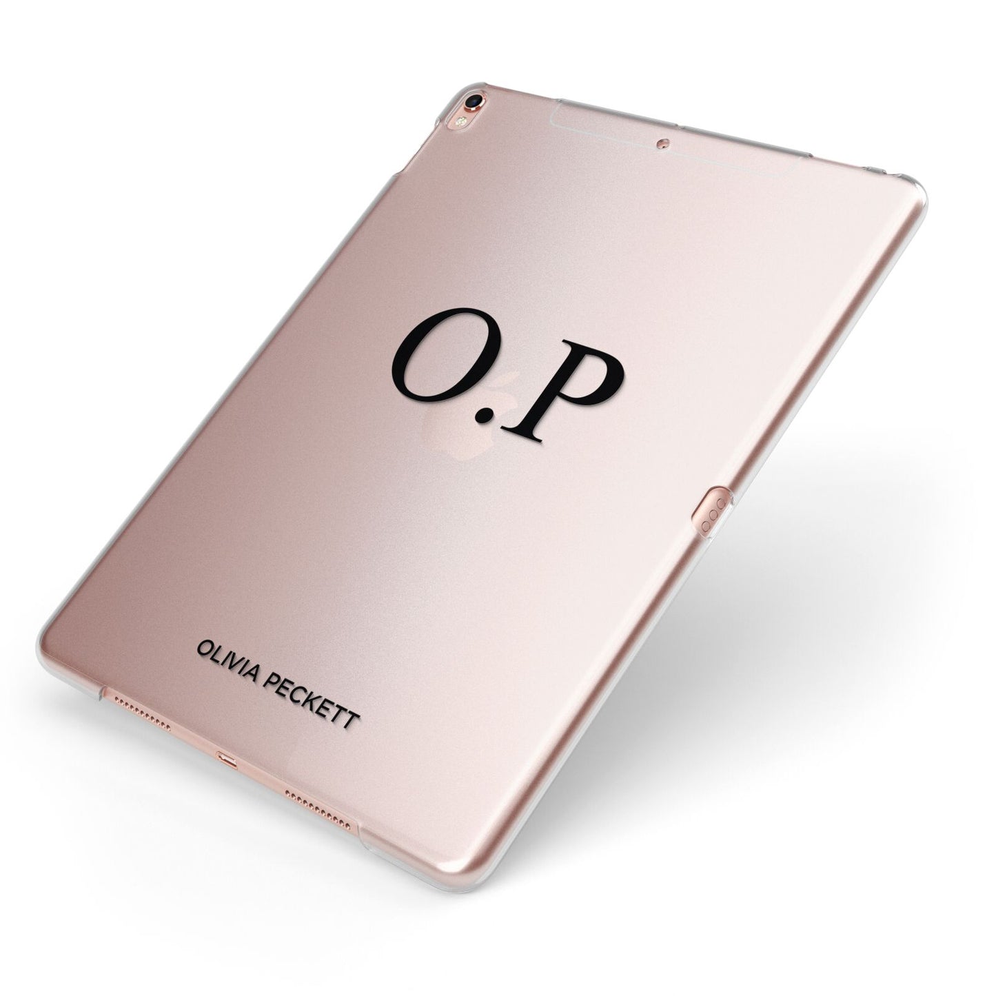 Custom Initials and Name Apple iPad Case on Rose Gold iPad Side View