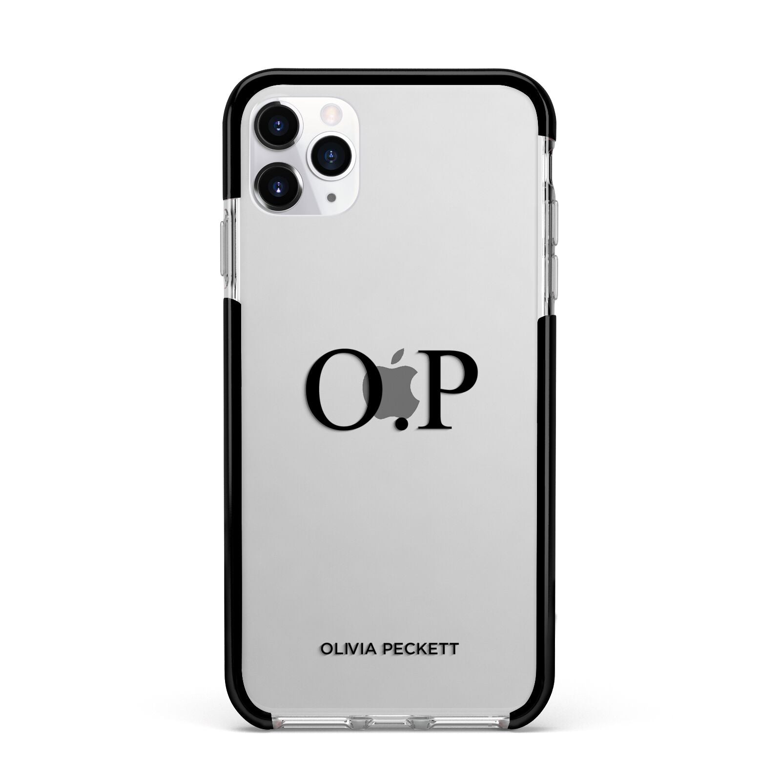 Custom Initials and Name Apple iPhone 11 Pro Max in Silver with Black Impact Case