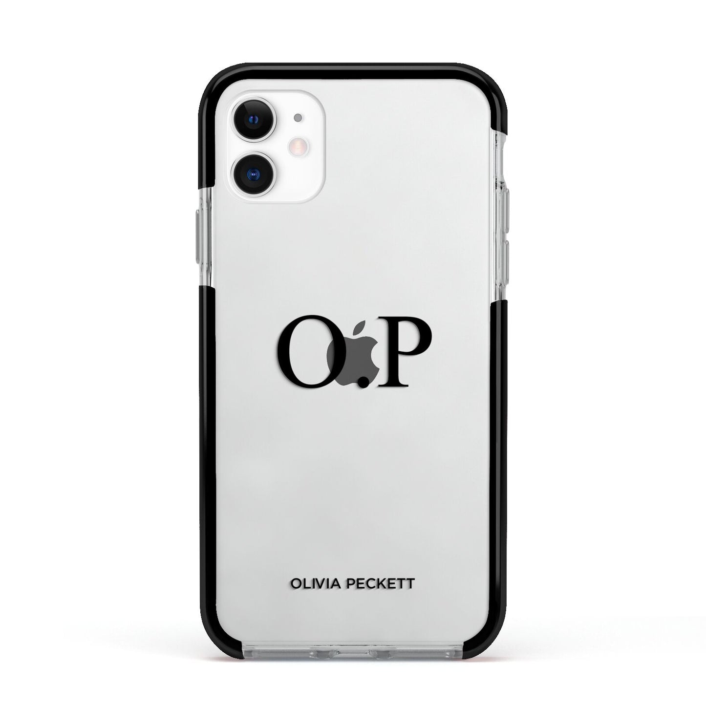 Custom Initials and Name Apple iPhone 11 in White with Black Impact Case