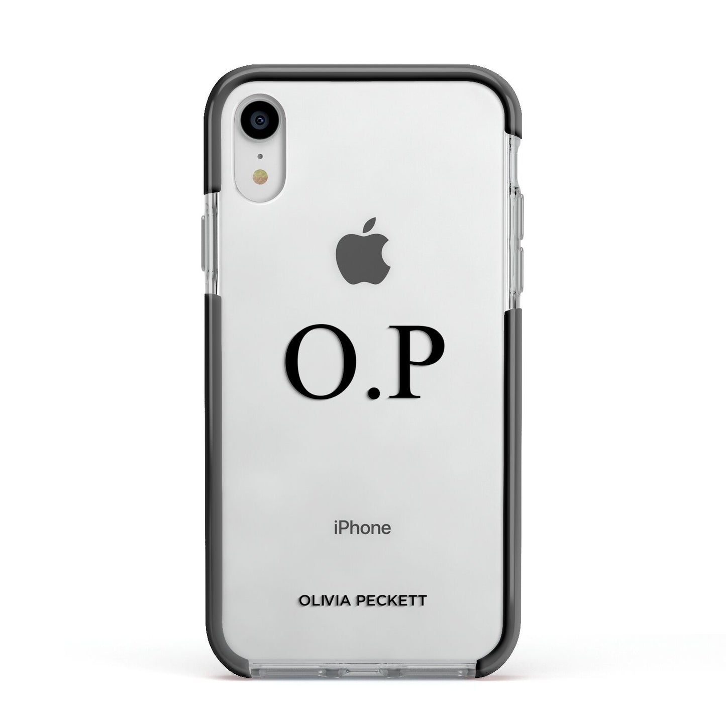 Custom Initials and Name Apple iPhone XR Impact Case Black Edge on Silver Phone