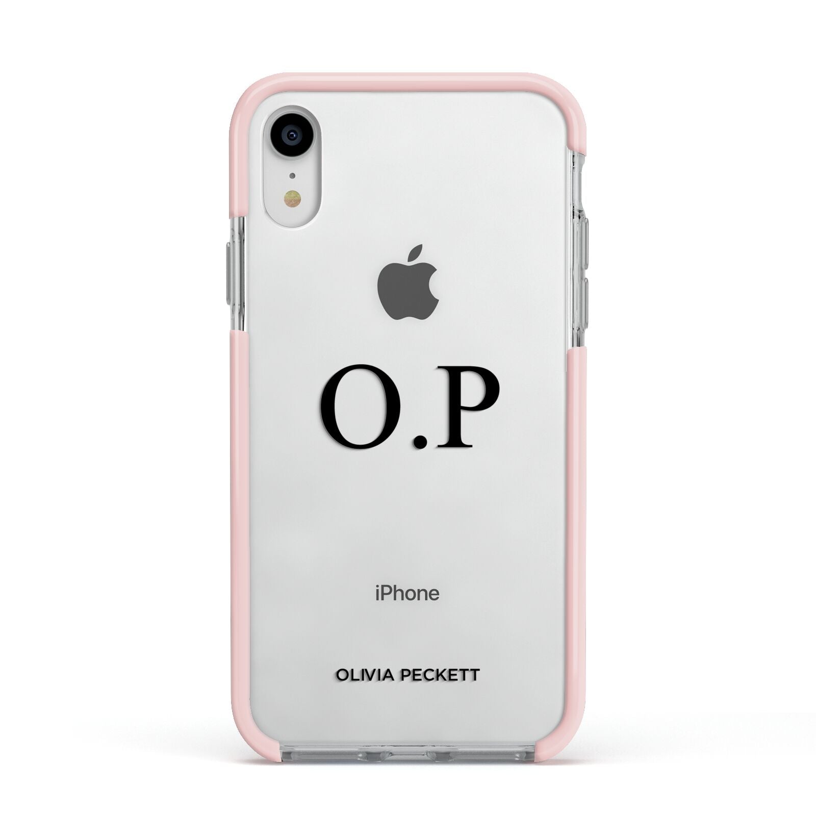 Custom Initials and Name Apple iPhone XR Impact Case Pink Edge on Silver Phone