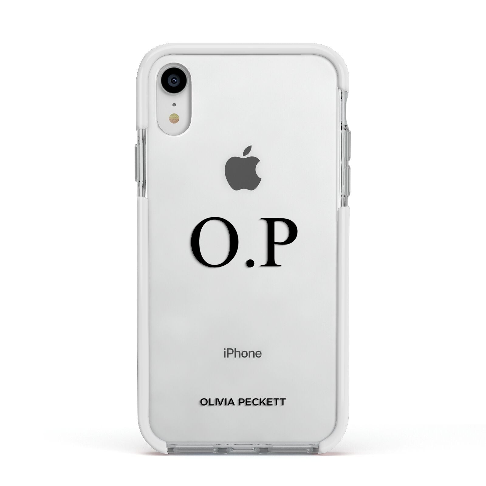 Custom Initials and Name Apple iPhone XR Impact Case White Edge on Silver Phone