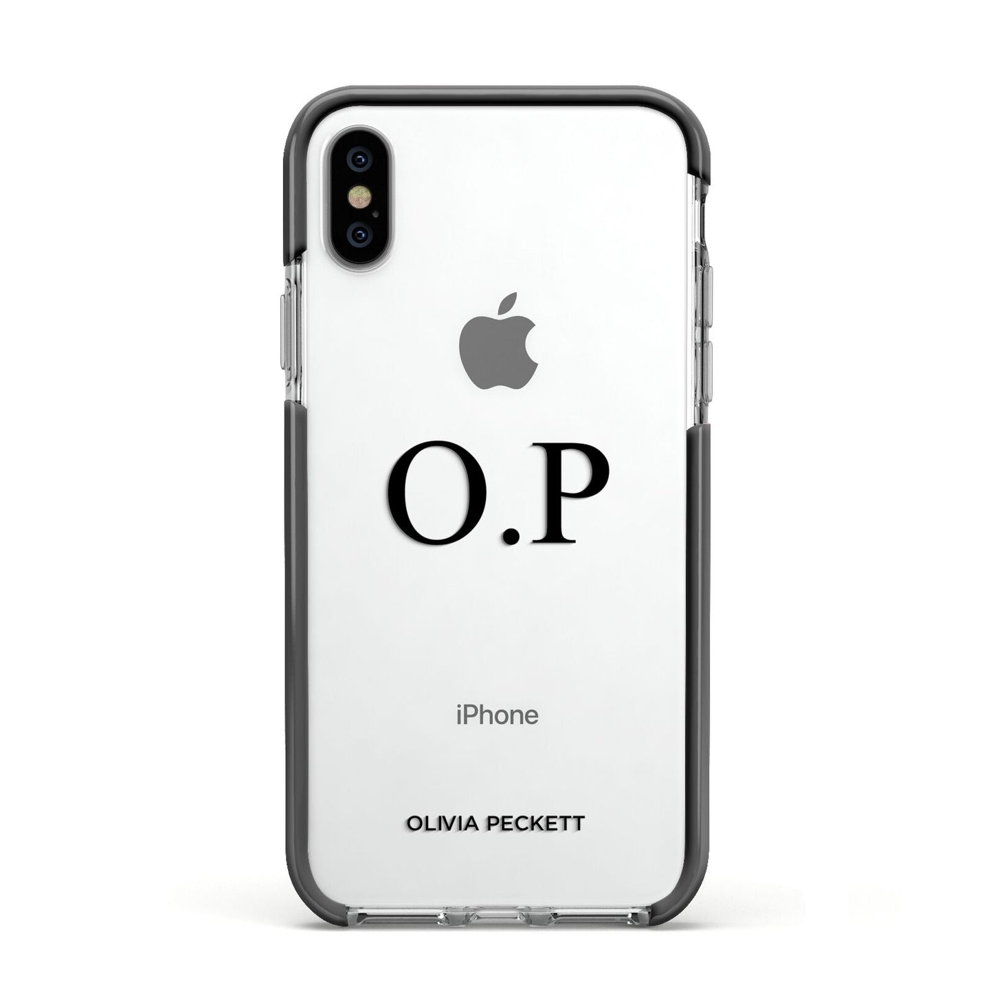 Custom Initials and Name Apple iPhone Xs Impact Case Black Edge on Silver Phone