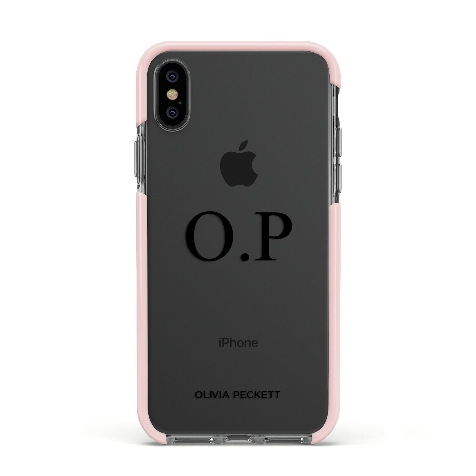 Custom Initials and Name Apple iPhone Xs Impact Case Pink Edge on Black Phone