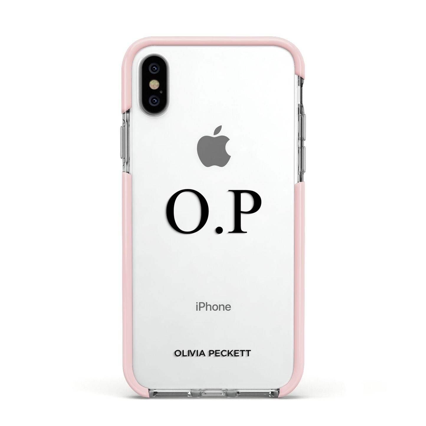 Custom Initials and Name Apple iPhone Xs Impact Case Pink Edge on Silver Phone