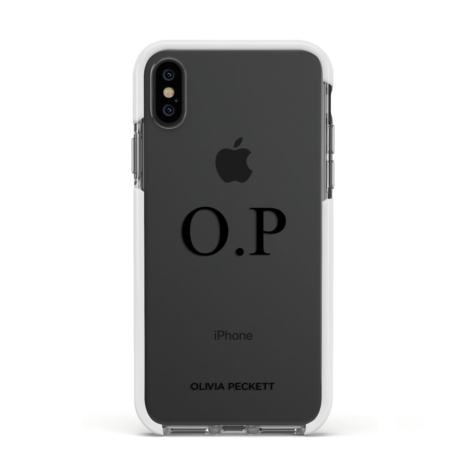 Custom Initials and Name Apple iPhone Xs Impact Case White Edge on Black Phone