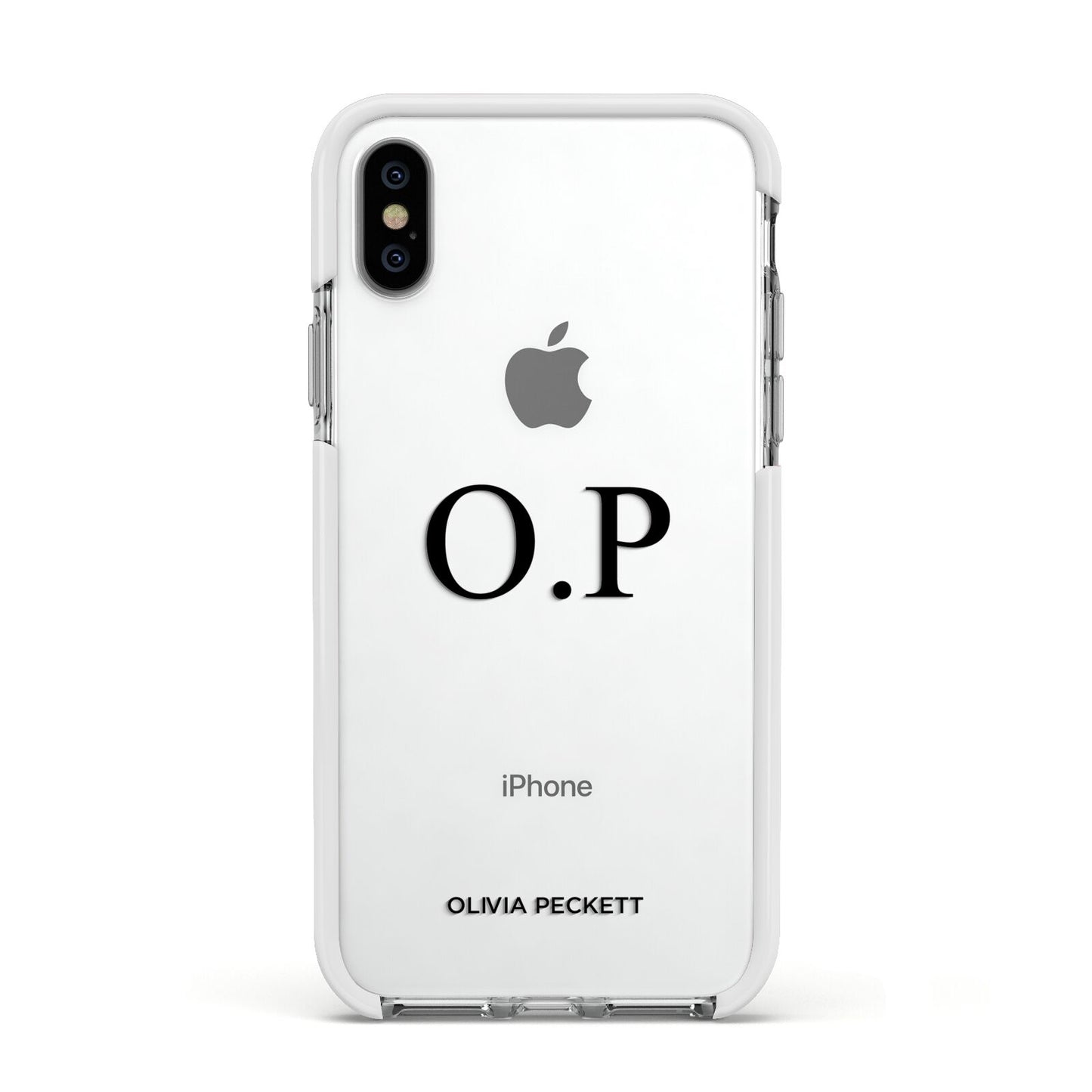 Custom Initials and Name Apple iPhone Xs Impact Case White Edge on Silver Phone