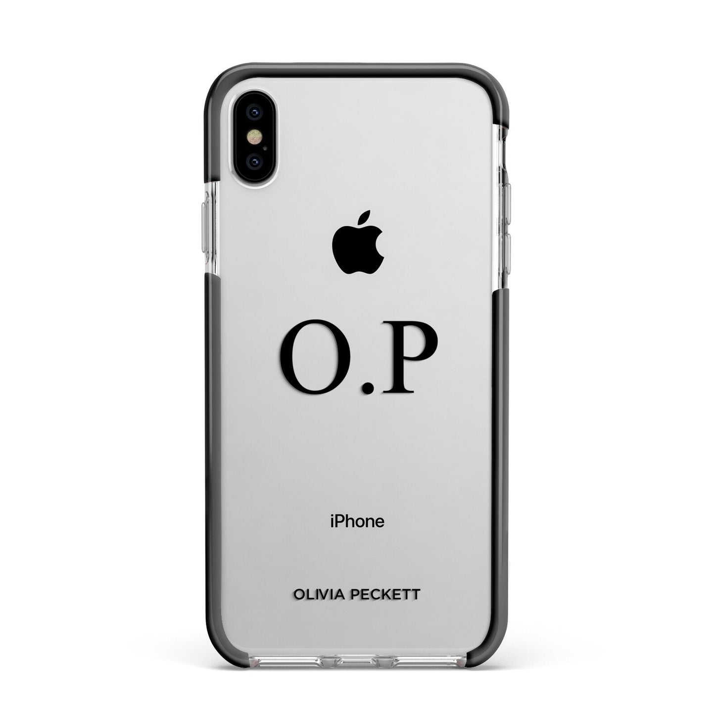 Custom Initials and Name Apple iPhone Xs Max Impact Case Black Edge on Silver Phone