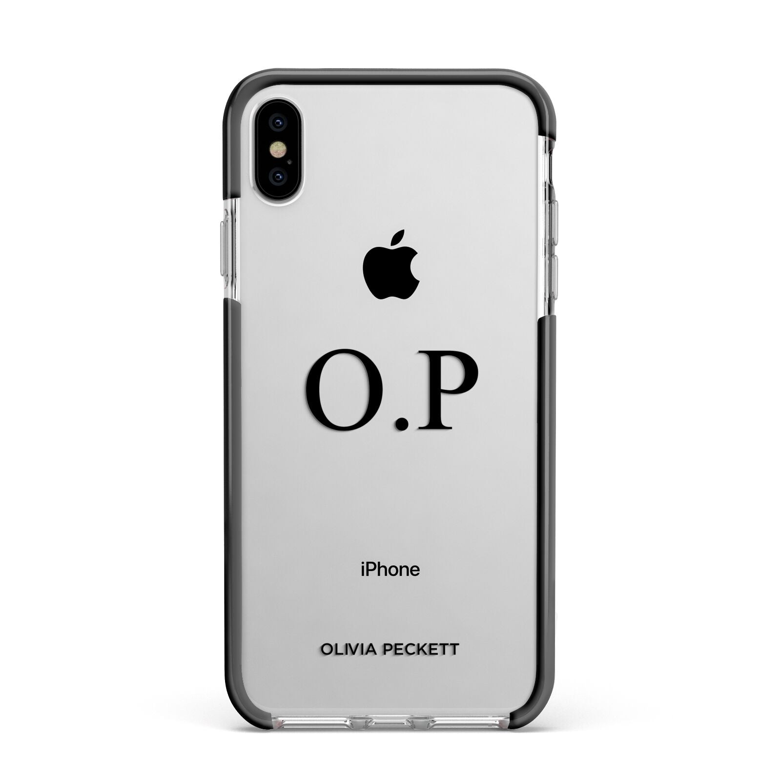 Custom Initials and Name Apple iPhone Xs Max Impact Case Black Edge on Silver Phone