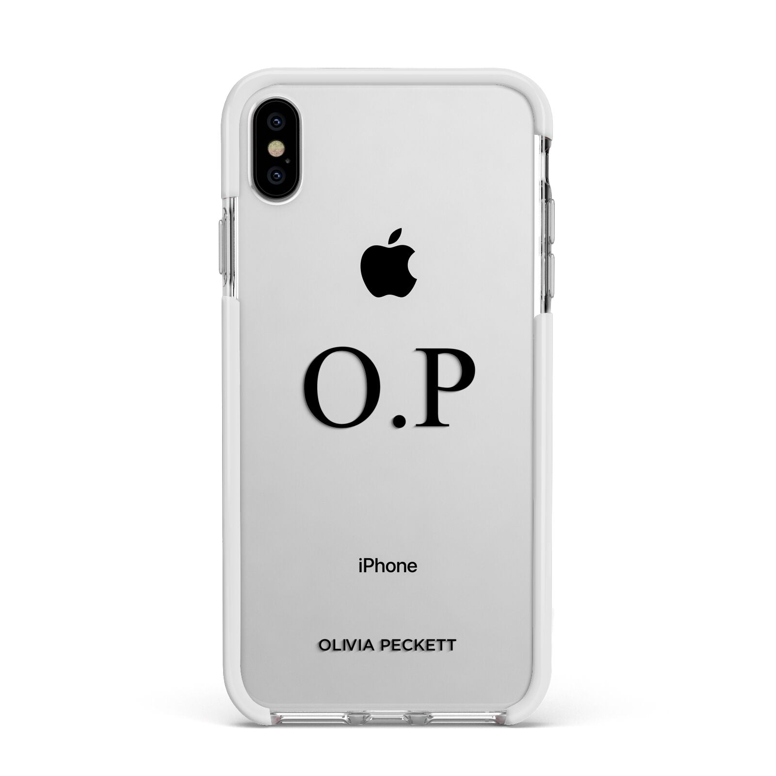 Custom Initials and Name Apple iPhone Xs Max Impact Case White Edge on Silver Phone