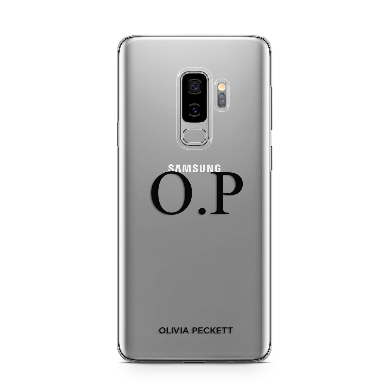 Custom Initials and Name Samsung Galaxy S9 Plus Case on Silver phone