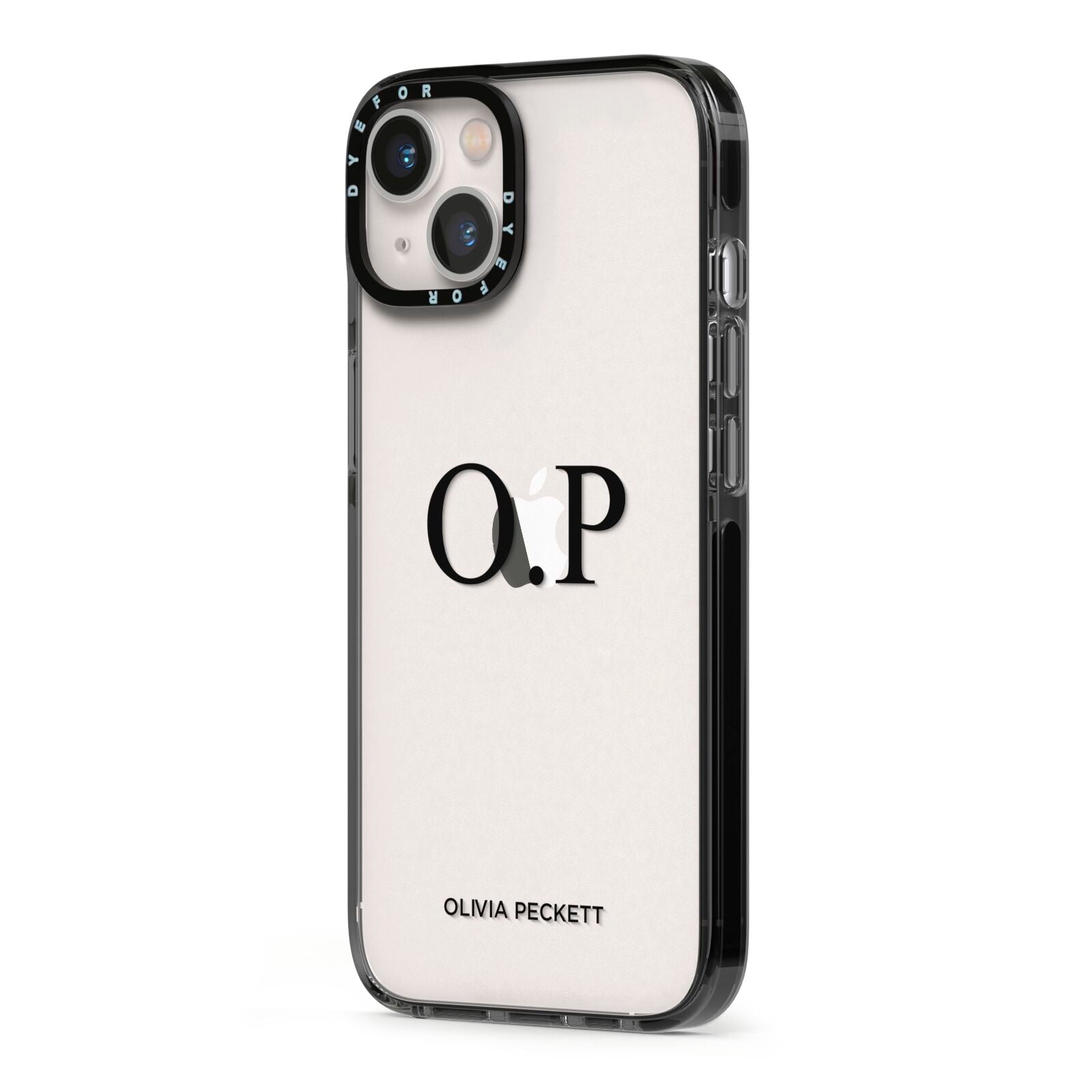 Custom Initials and Name iPhone 13 Black Impact Case Side Angle on Silver phone