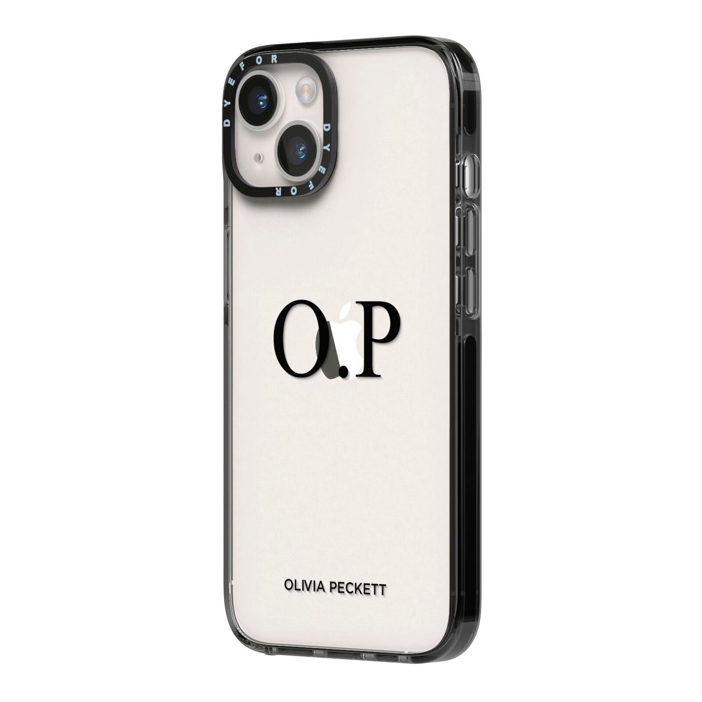 Custom Initials and Name iPhone 14 Black Impact Case Side Angle on Silver phone