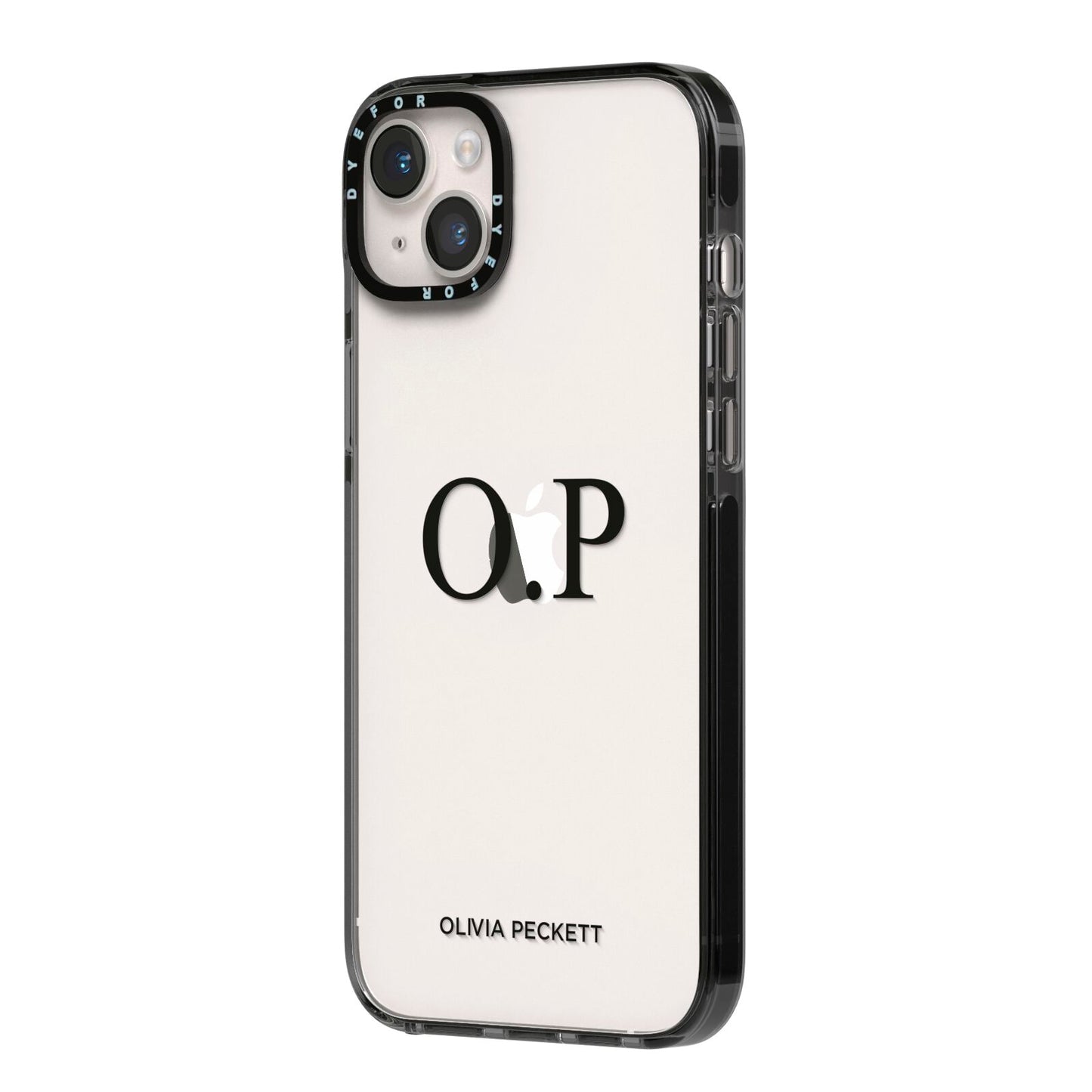 Custom Initials and Name iPhone 14 Plus Black Impact Case Side Angle on Silver phone