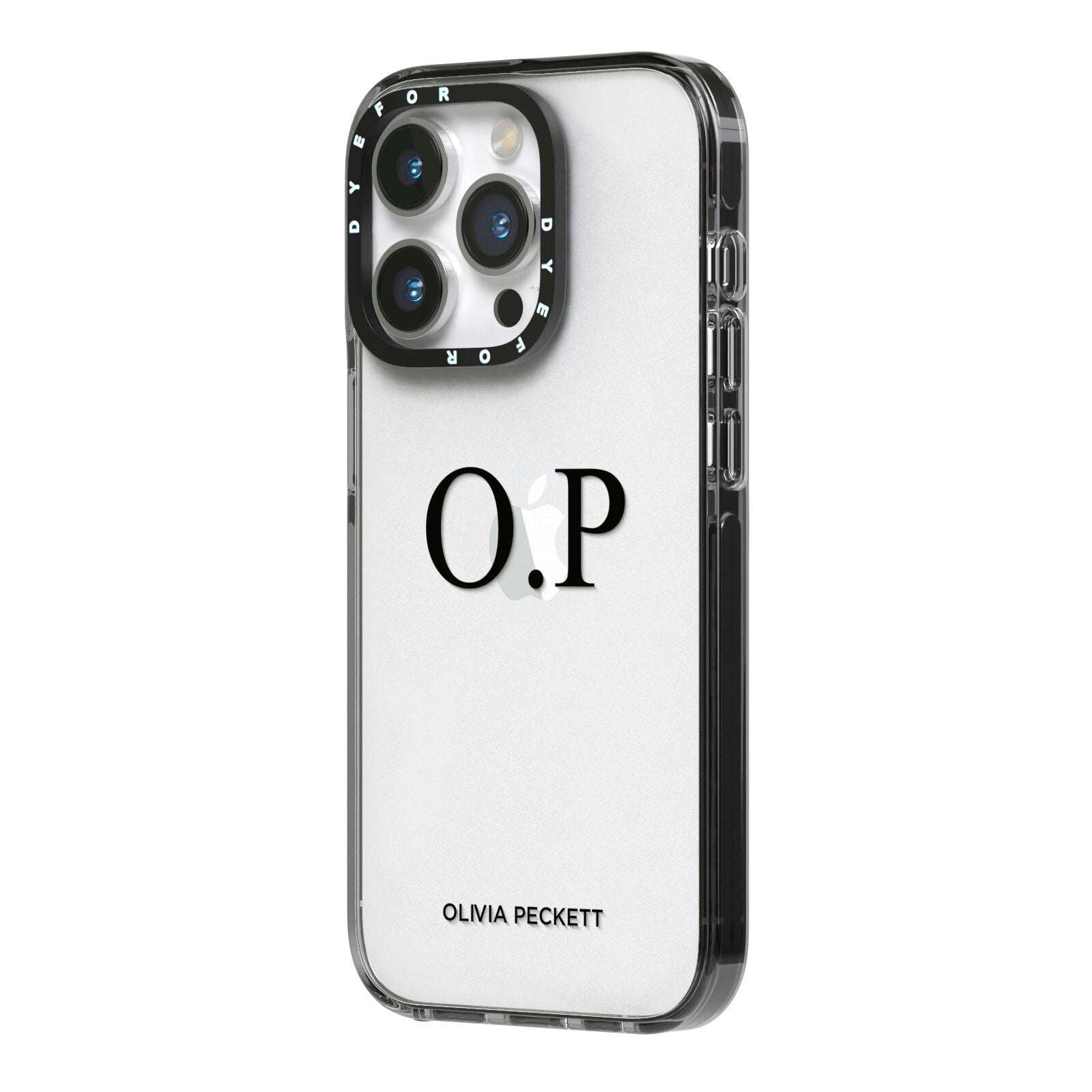 Custom Initials and Name iPhone 14 Pro Black Impact Case Side Angle on Silver phone