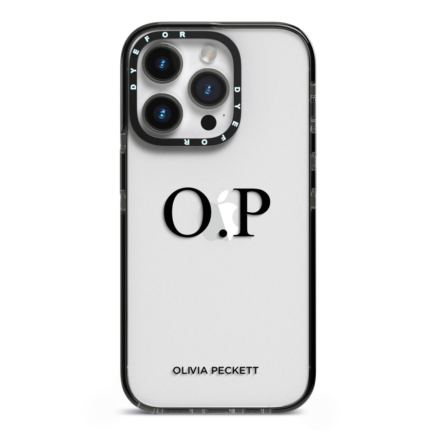 Custom Initials and Name iPhone 14 Pro Black Impact Case on Silver phone