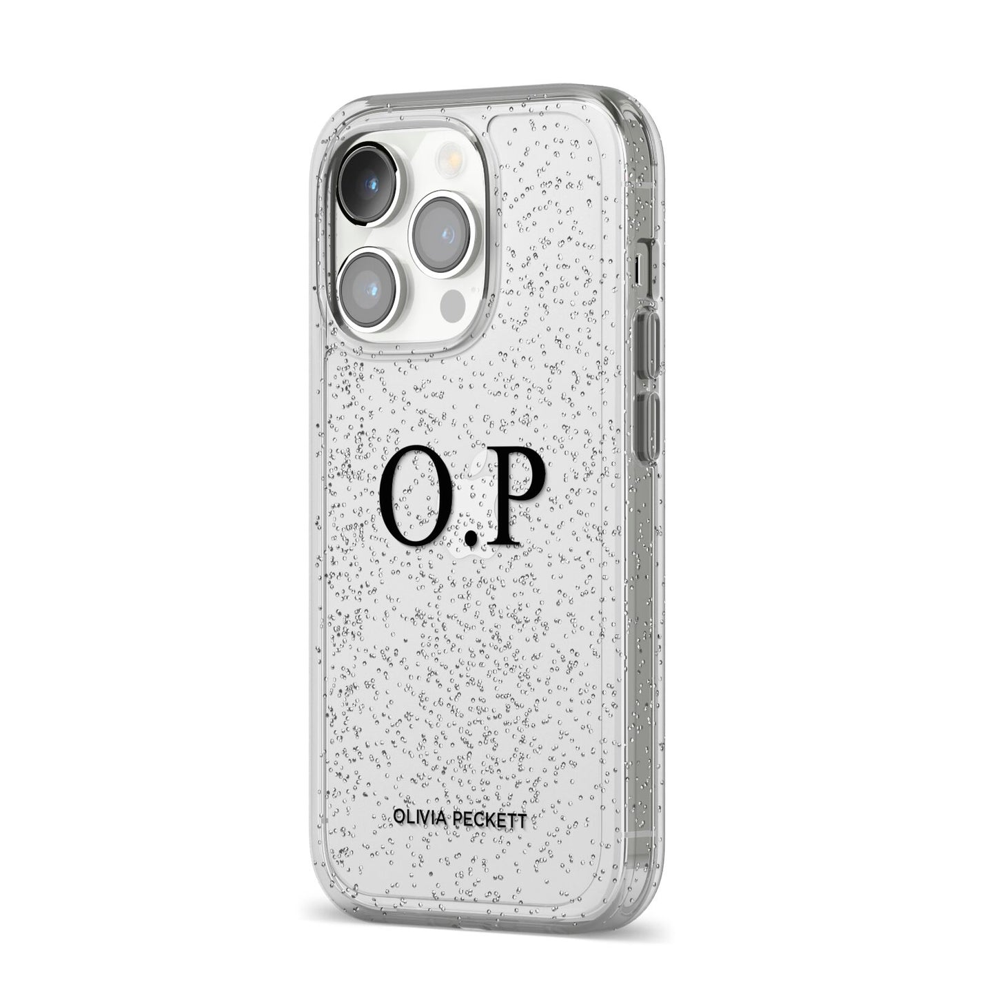 Custom Initials and Name iPhone 14 Pro Glitter Tough Case Silver Angled Image