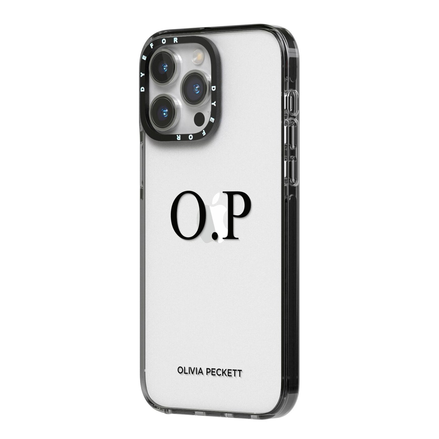 Custom Initials and Name iPhone 14 Pro Max Black Impact Case Side Angle on Silver phone