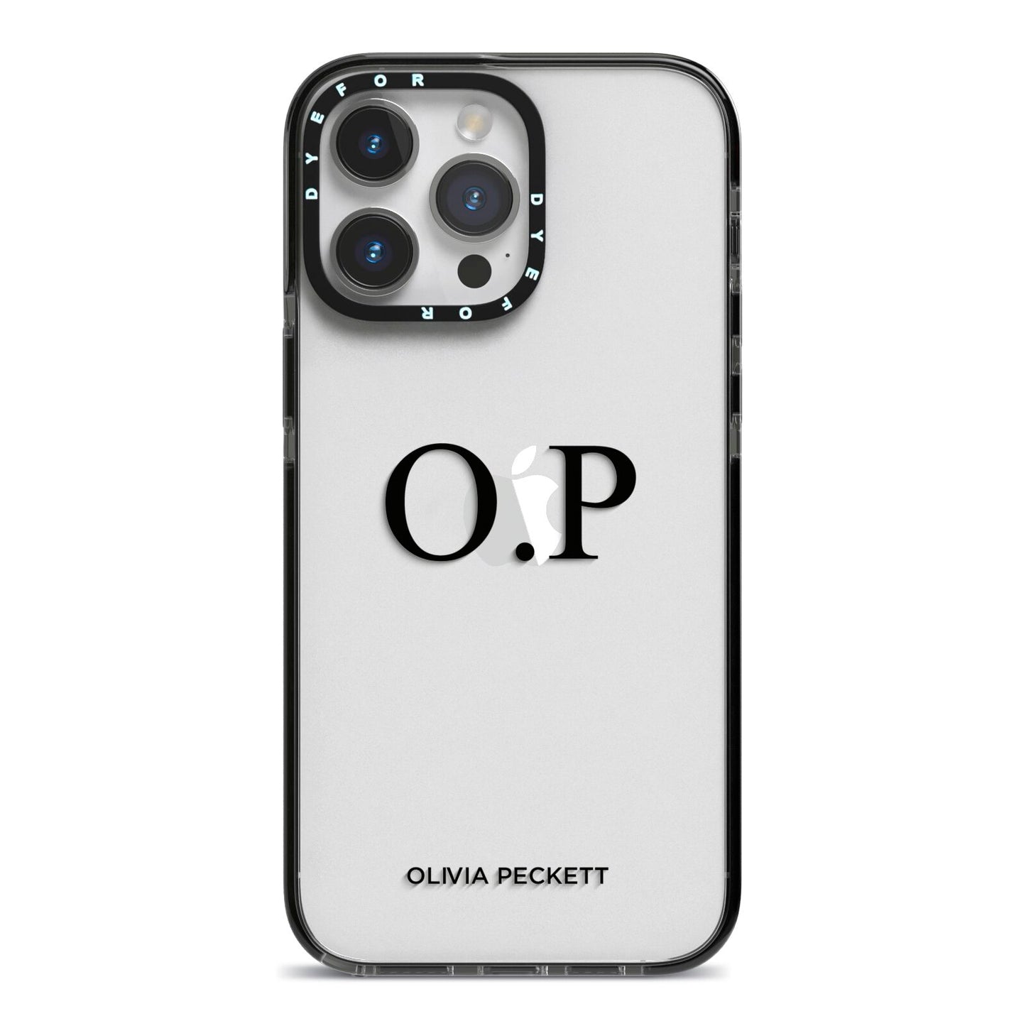 Custom Initials and Name iPhone 14 Pro Max Black Impact Case on Silver phone