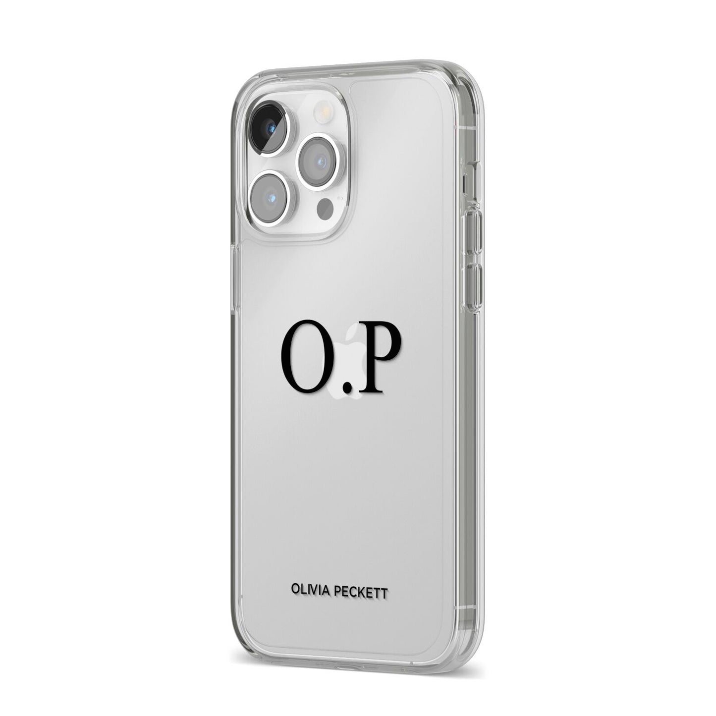 Custom Initials and Name iPhone 14 Pro Max Clear Tough Case Silver Angled Image