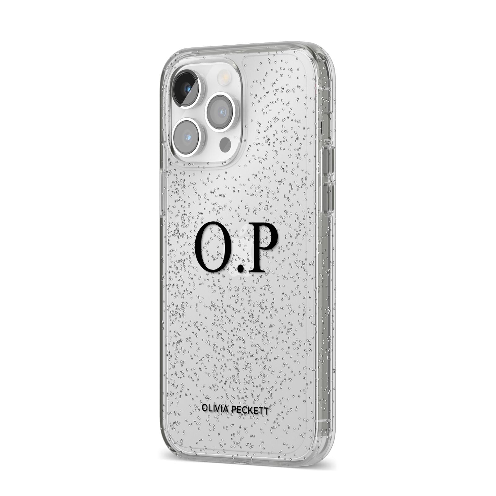 Custom Initials and Name iPhone 14 Pro Max Glitter Tough Case Silver Angled Image