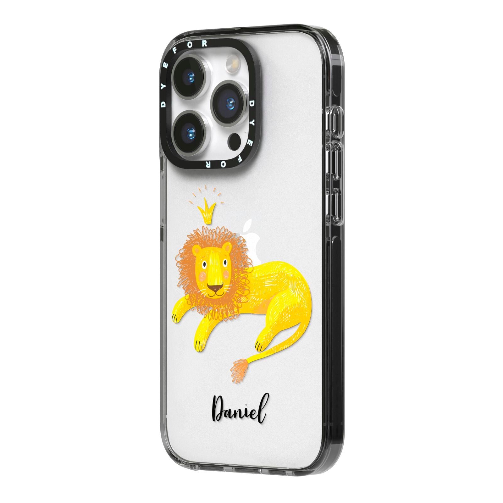 Custom Lion iPhone 14 Pro Black Impact Case Side Angle on Silver phone