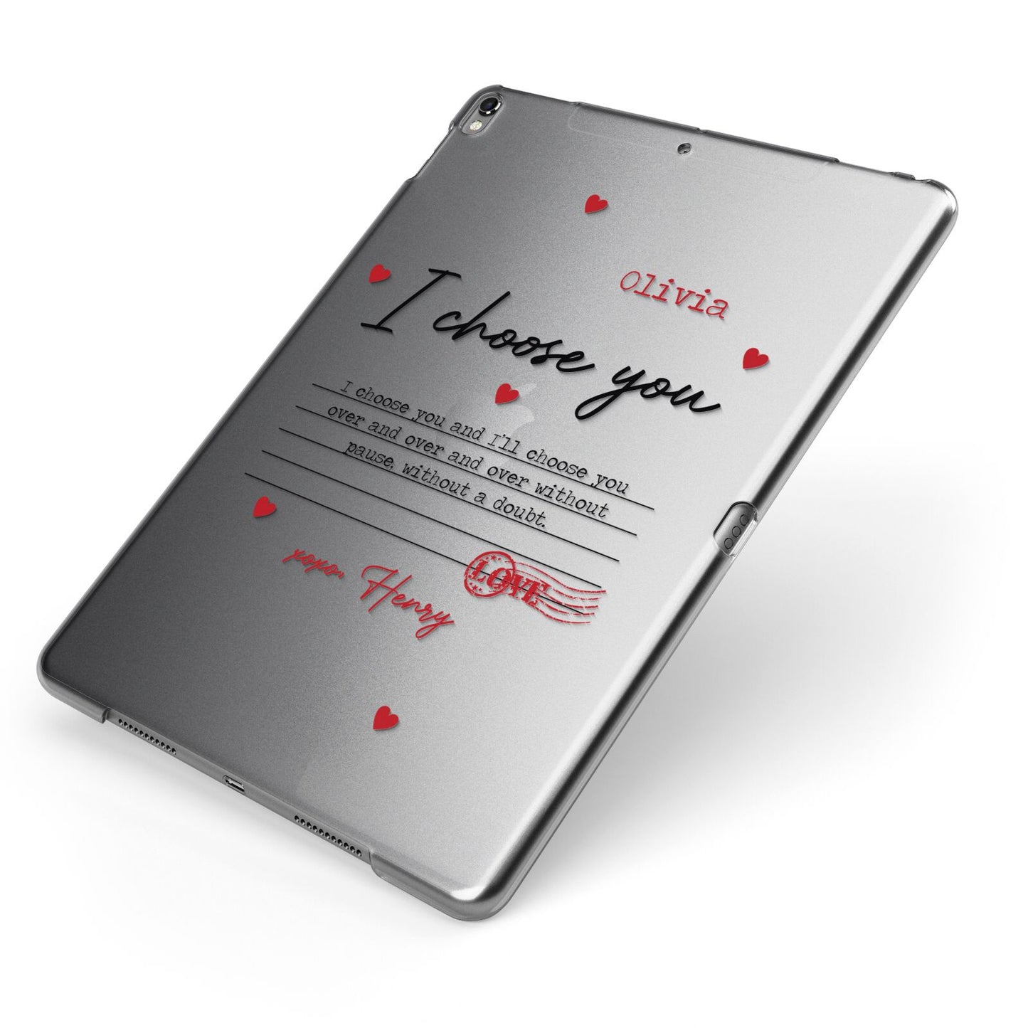 Custom Love Letter Apple iPad Case on Grey iPad Side View