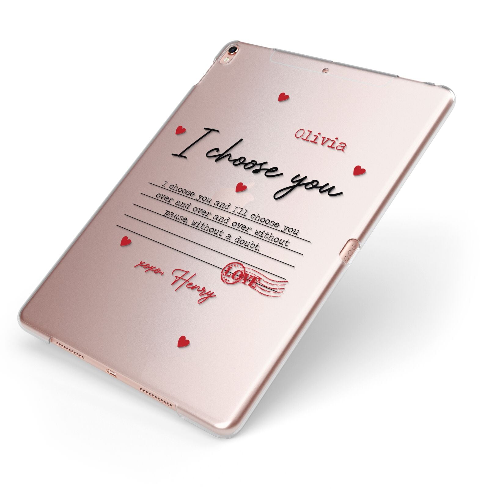 Custom Love Letter Apple iPad Case on Rose Gold iPad Side View