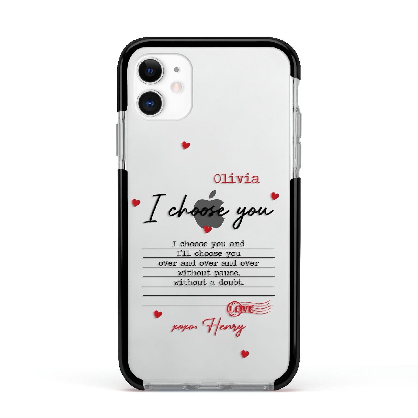 Custom Love Letter Apple iPhone 11 in White with Black Impact Case