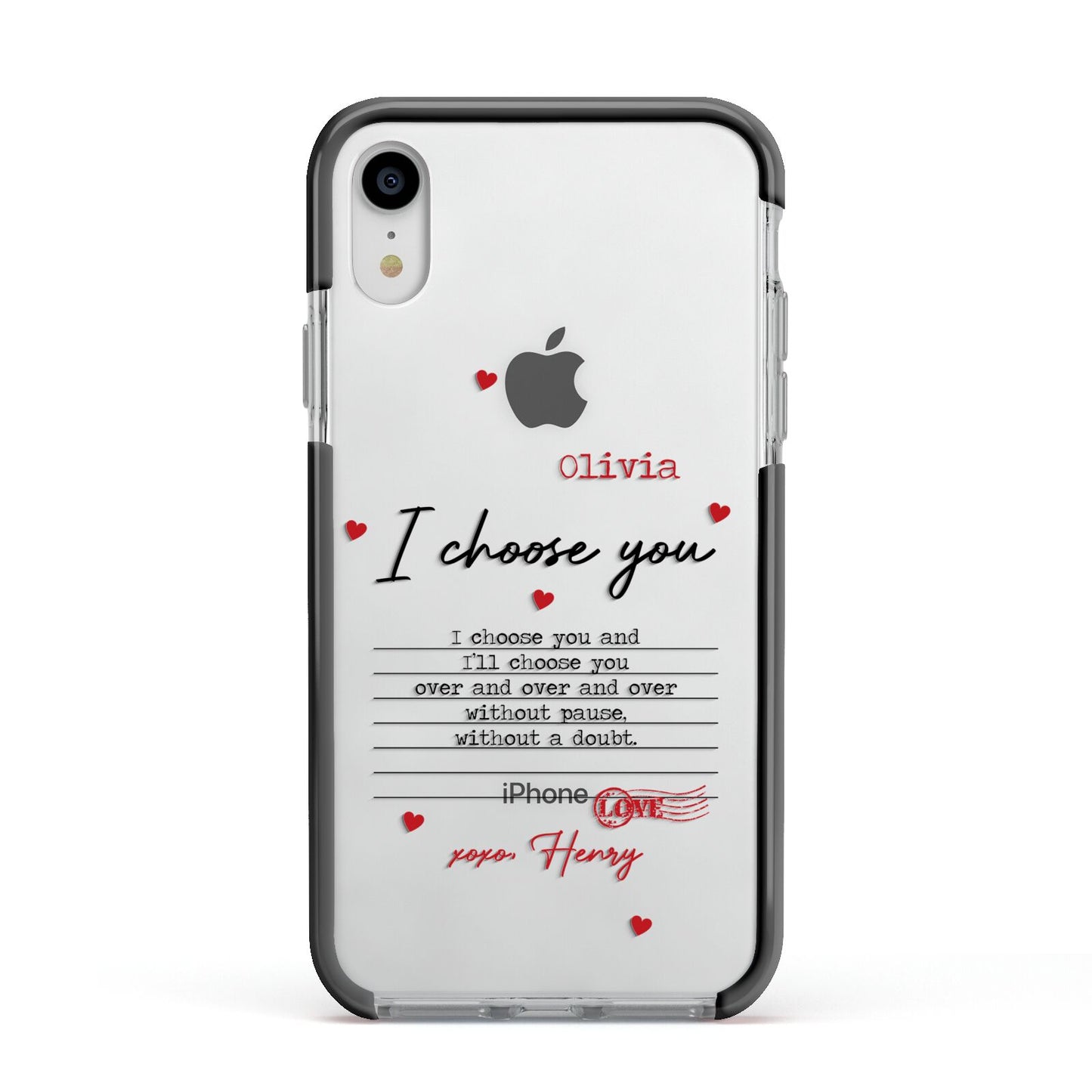 Custom Love Letter Apple iPhone XR Impact Case Black Edge on Silver Phone