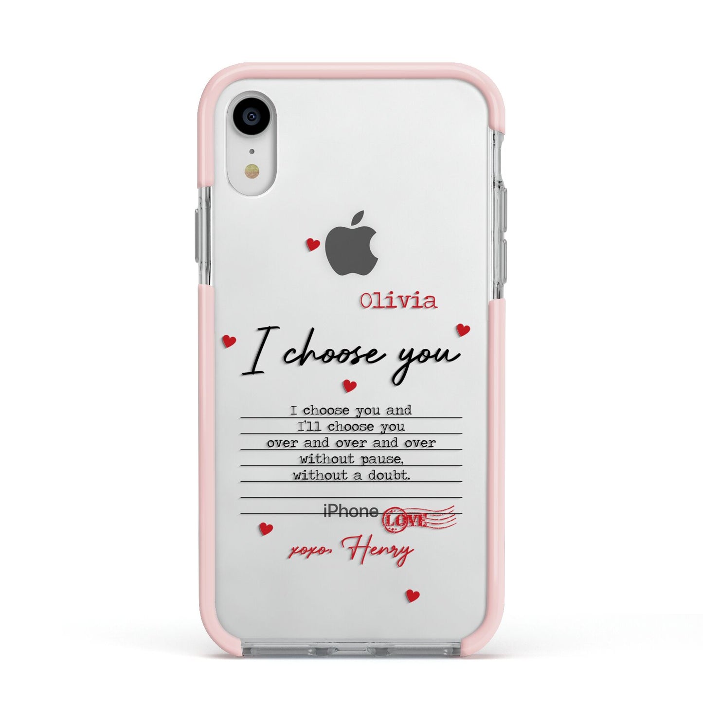 Custom Love Letter Apple iPhone XR Impact Case Pink Edge on Silver Phone