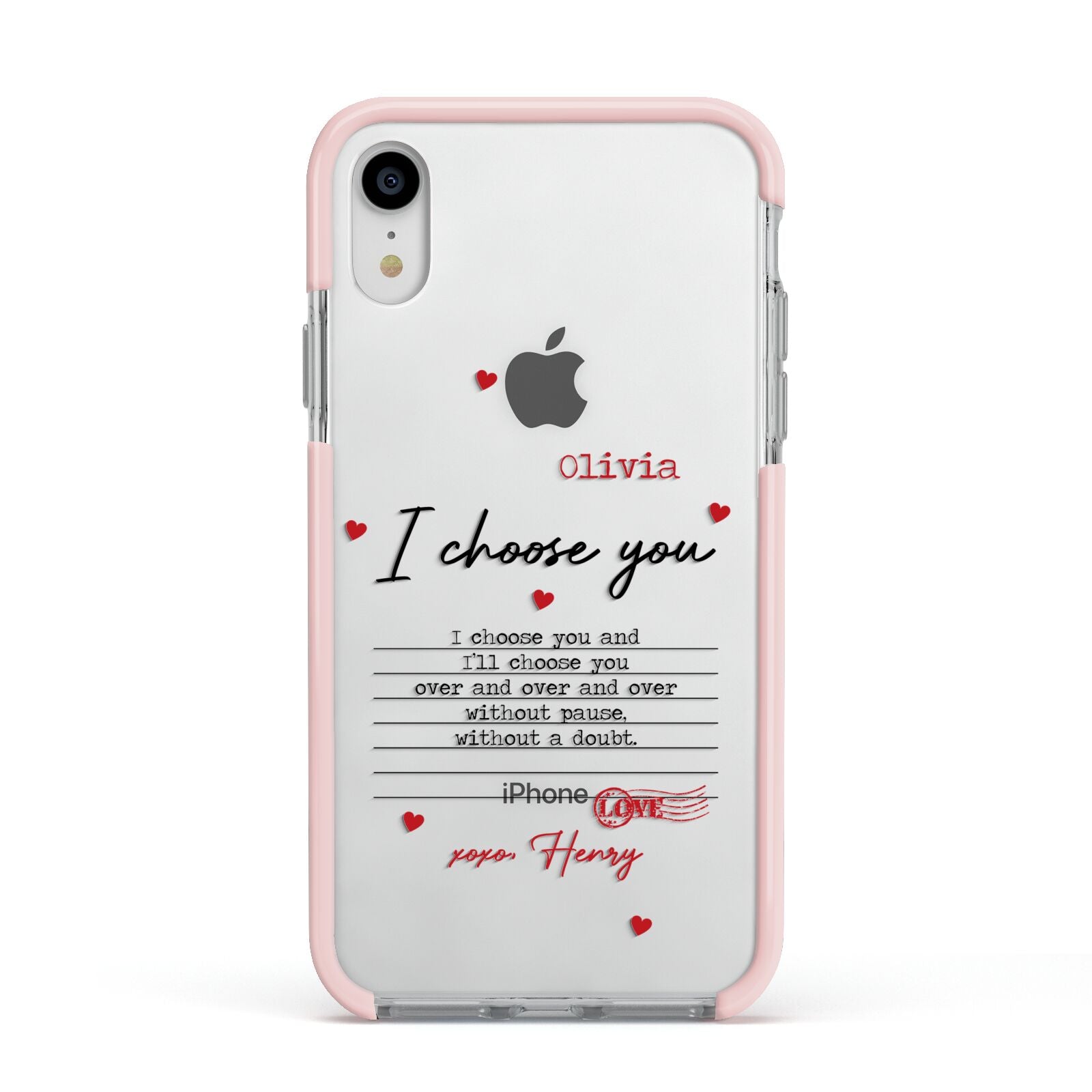 Custom Love Letter Apple iPhone XR Impact Case Pink Edge on Silver Phone