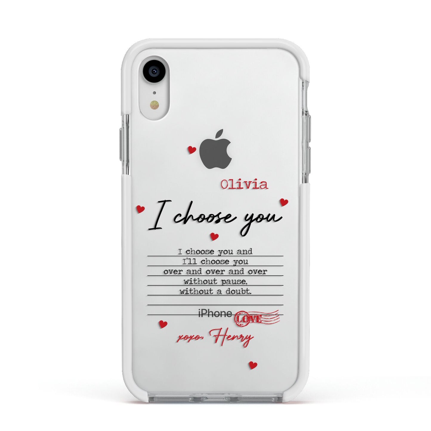 Custom Love Letter Apple iPhone XR Impact Case White Edge on Silver Phone