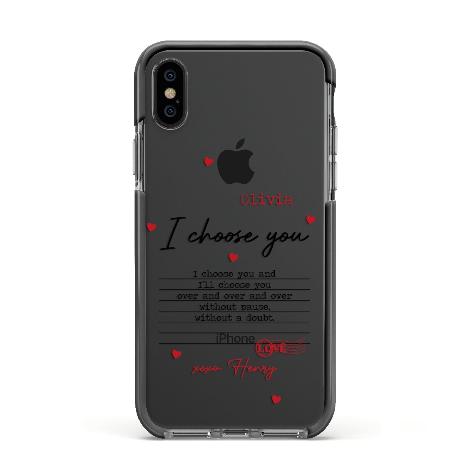 Custom Love Letter Apple iPhone Xs Impact Case Black Edge on Black Phone