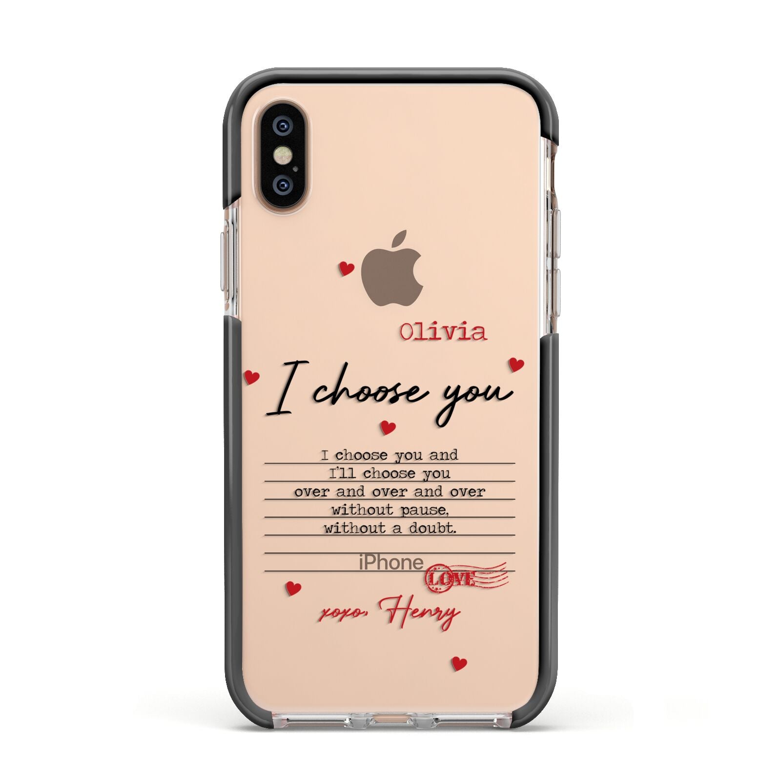 Custom Love Letter Apple iPhone Xs Impact Case Black Edge on Gold Phone