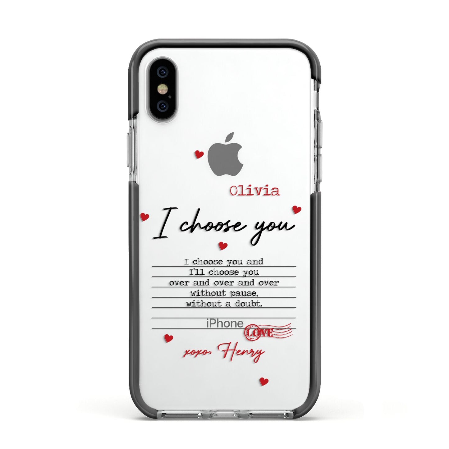 Custom Love Letter Apple iPhone Xs Impact Case Black Edge on Silver Phone