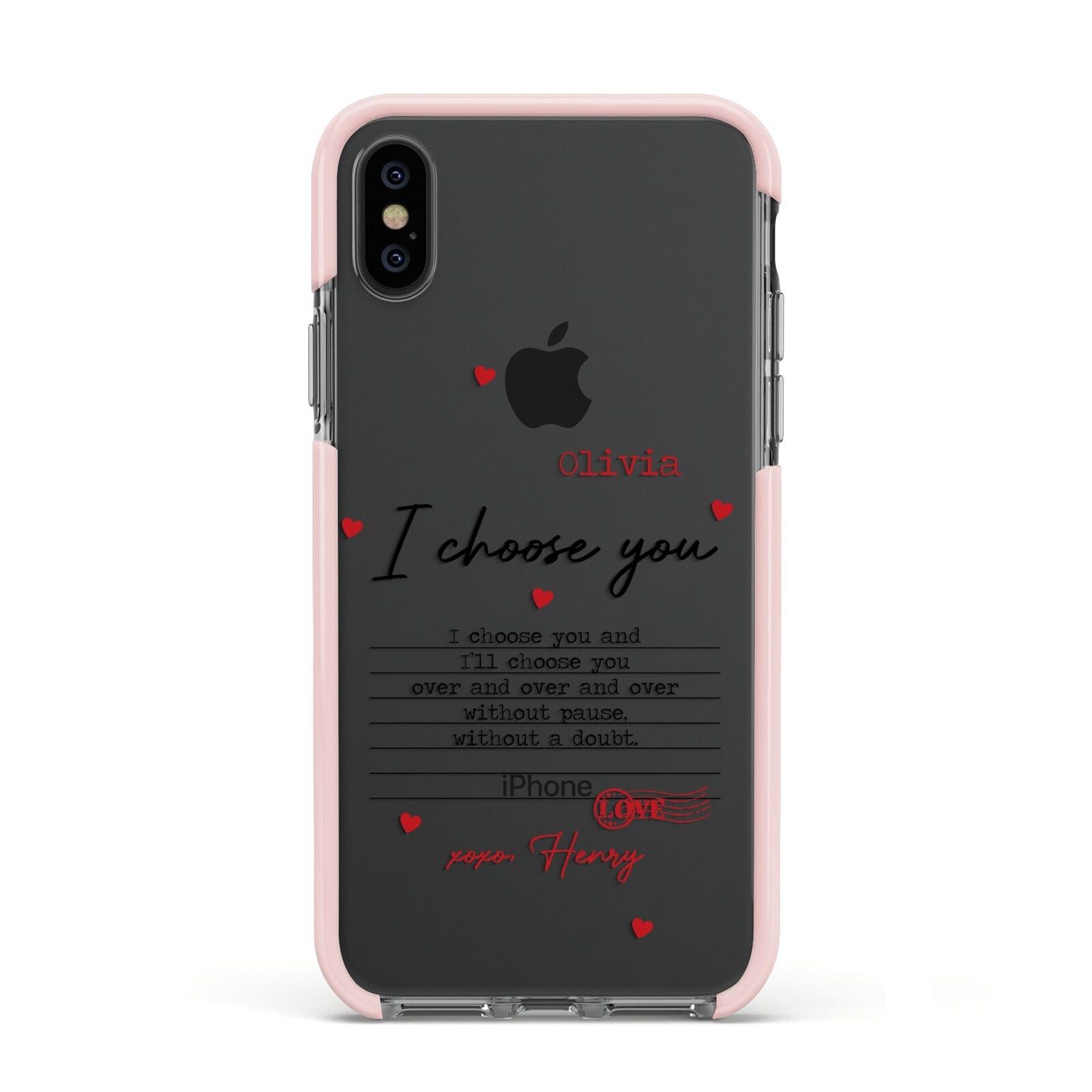 Custom Love Letter Apple iPhone Xs Impact Case Pink Edge on Black Phone