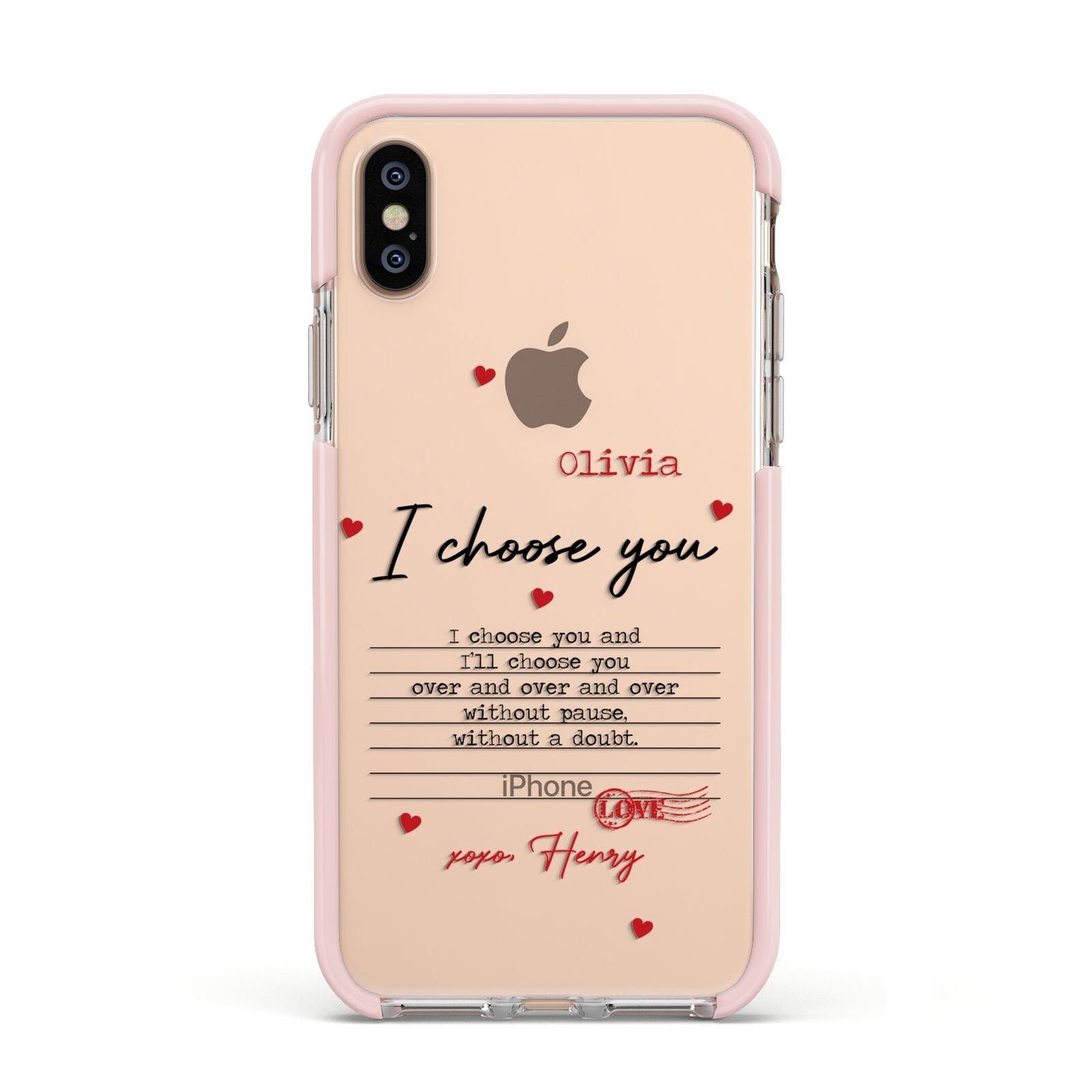 Custom Love Letter Apple iPhone Xs Impact Case Pink Edge on Gold Phone