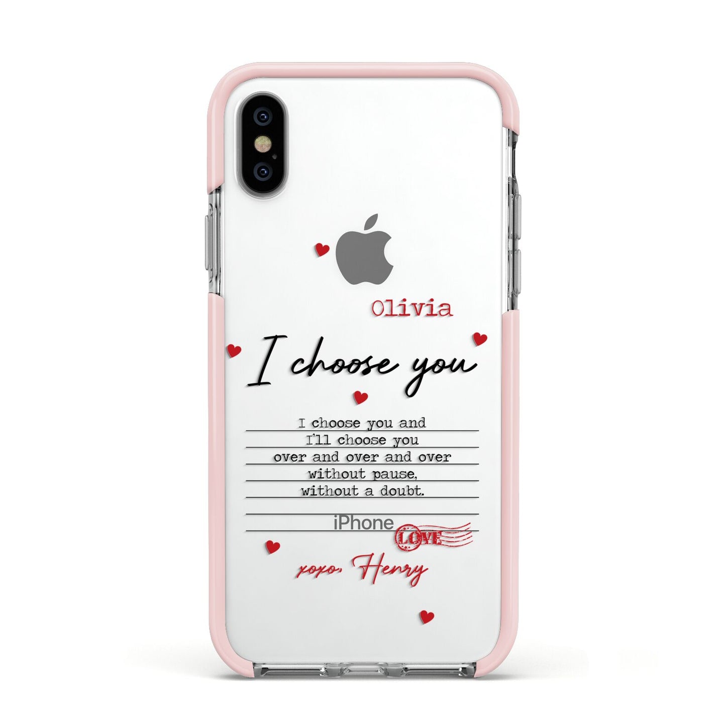 Custom Love Letter Apple iPhone Xs Impact Case Pink Edge on Silver Phone