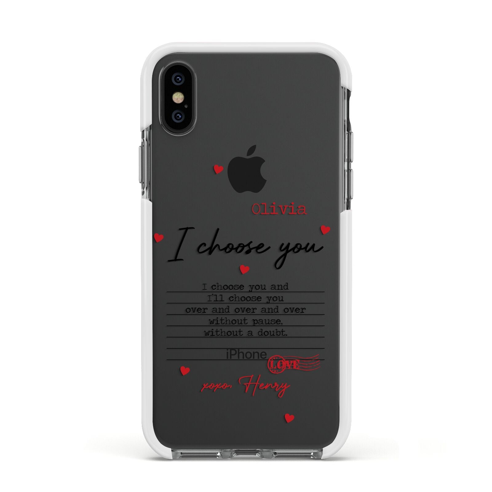 Custom Love Letter Apple iPhone Xs Impact Case White Edge on Black Phone