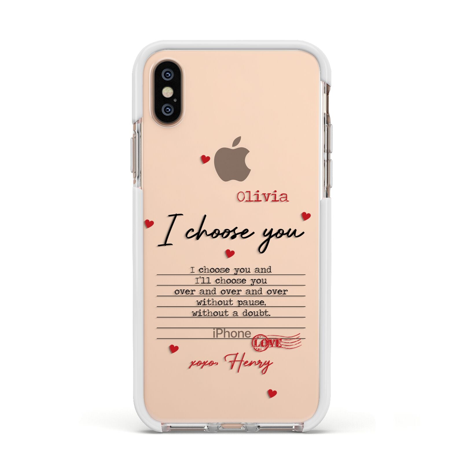 Custom Love Letter Apple iPhone Xs Impact Case White Edge on Gold Phone