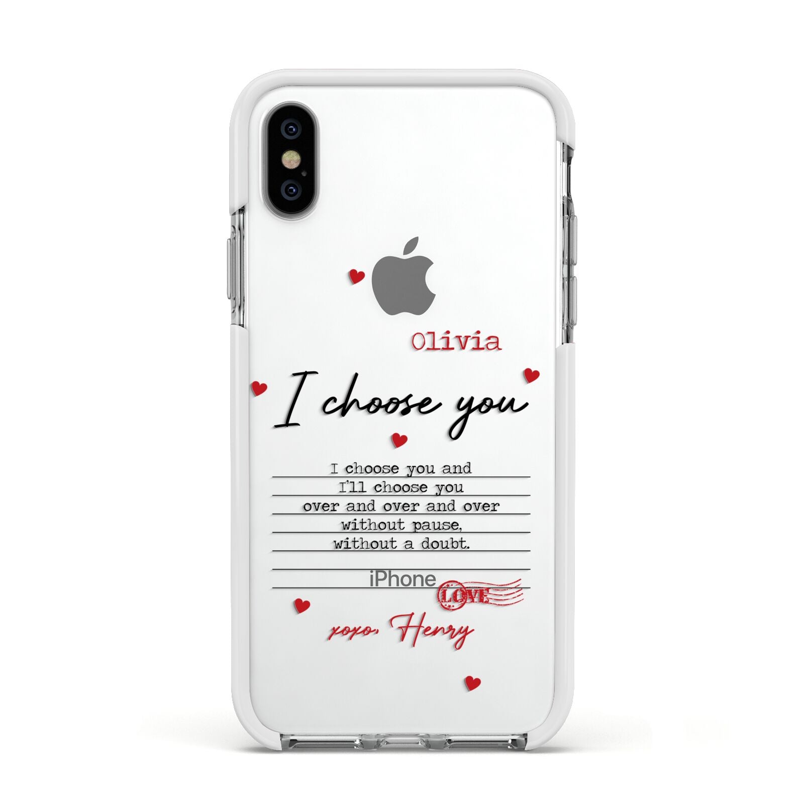 Custom Love Letter Apple iPhone Xs Impact Case White Edge on Silver Phone