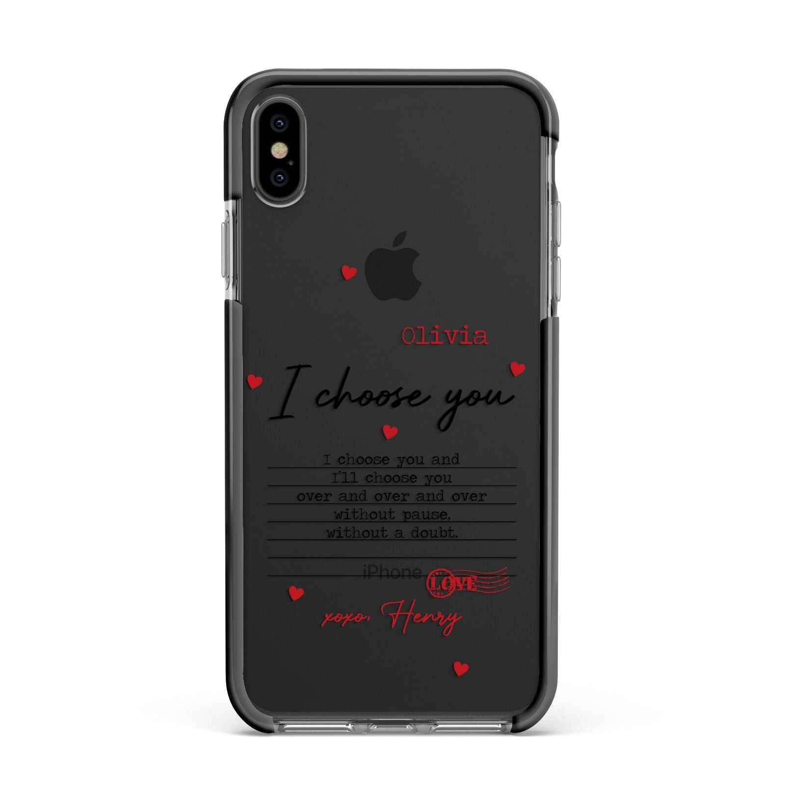 Custom Love Letter Apple iPhone Xs Max Impact Case Black Edge on Black Phone