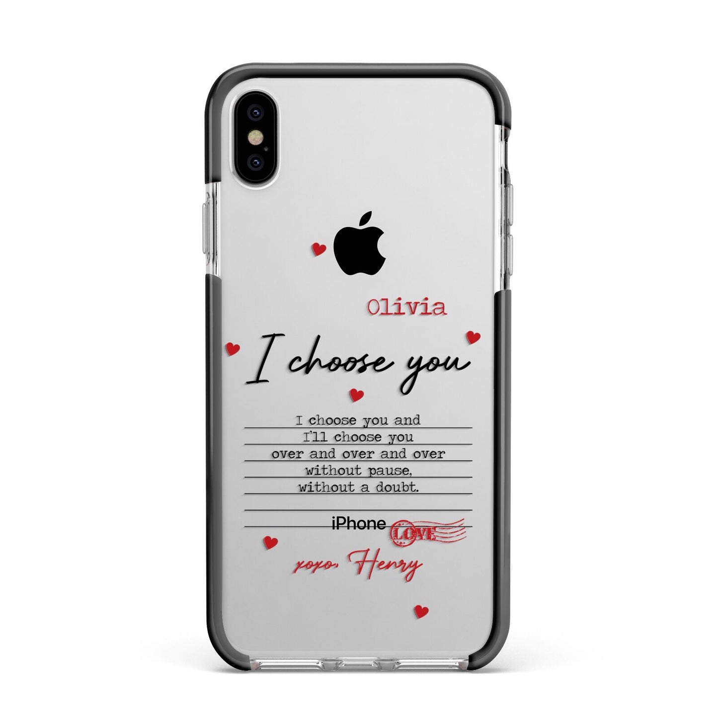 Custom Love Letter Apple iPhone Xs Max Impact Case Black Edge on Silver Phone